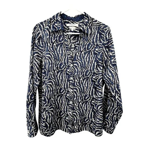 Foxcroft No-Iron Shirt Women's 14 Blue Black White Print Long Sleeve Used - Picture 1 of 12